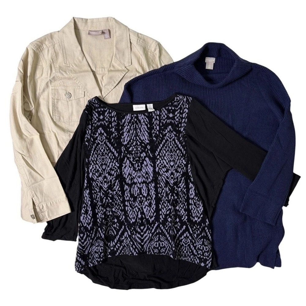Chicos Lot‎ of 3 Womens Tops Size 2 Large Jacket Sweater Tunic Shirt Mix Blouse